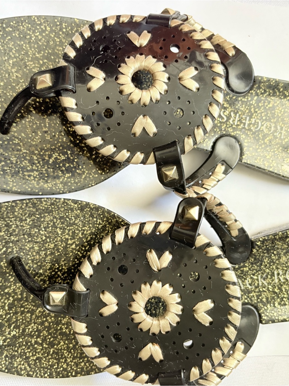 Jack Rogers Black and Gold Glitter Jelly Sandals - Size 8